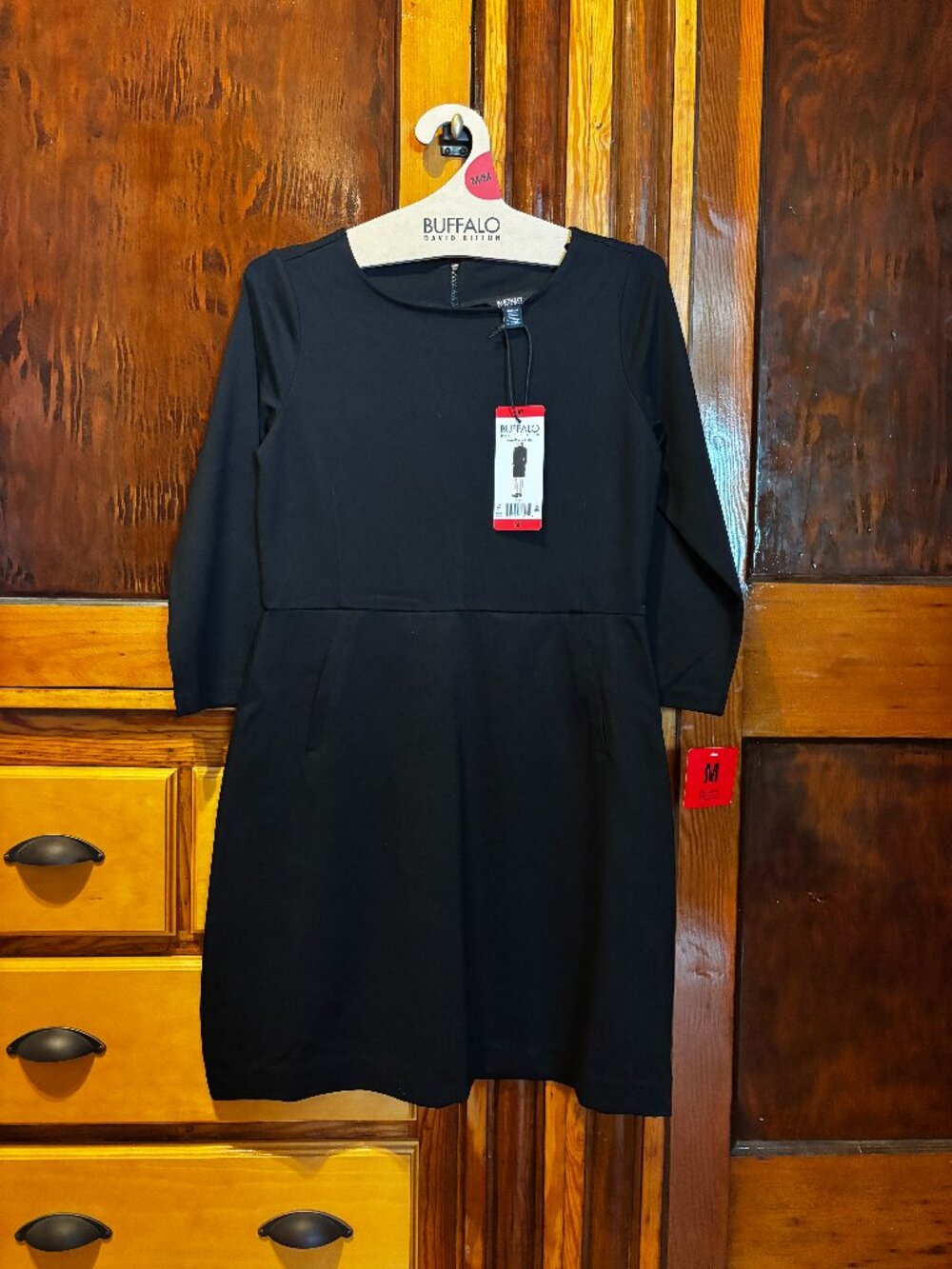 NWT Buffalo David Bitton Luxe Ponte Dress Black 3/4 Sleeve Size M